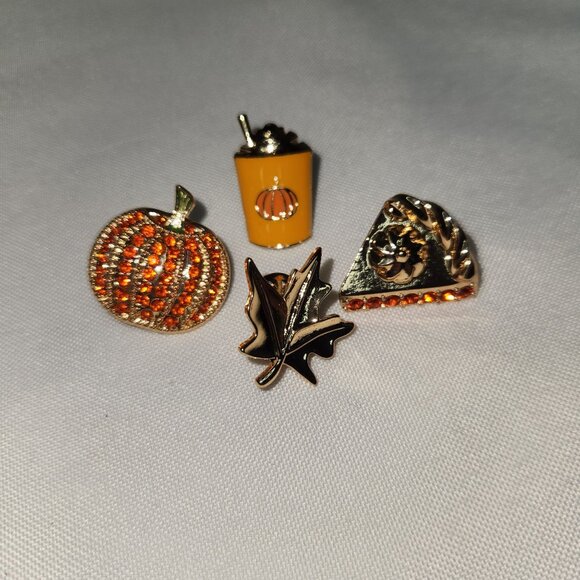 Set Of 4 Fall-Themed Enamel & Rhinestone Pins Pumpkin Pie Leaf & Coffee Design - Picture 2 of 3